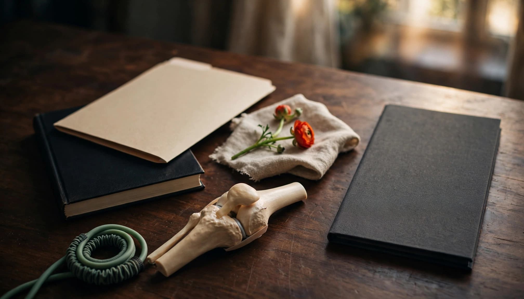 Natura morta su tavolo di legno con libro, modello anatomico di ginocchio e fiori.