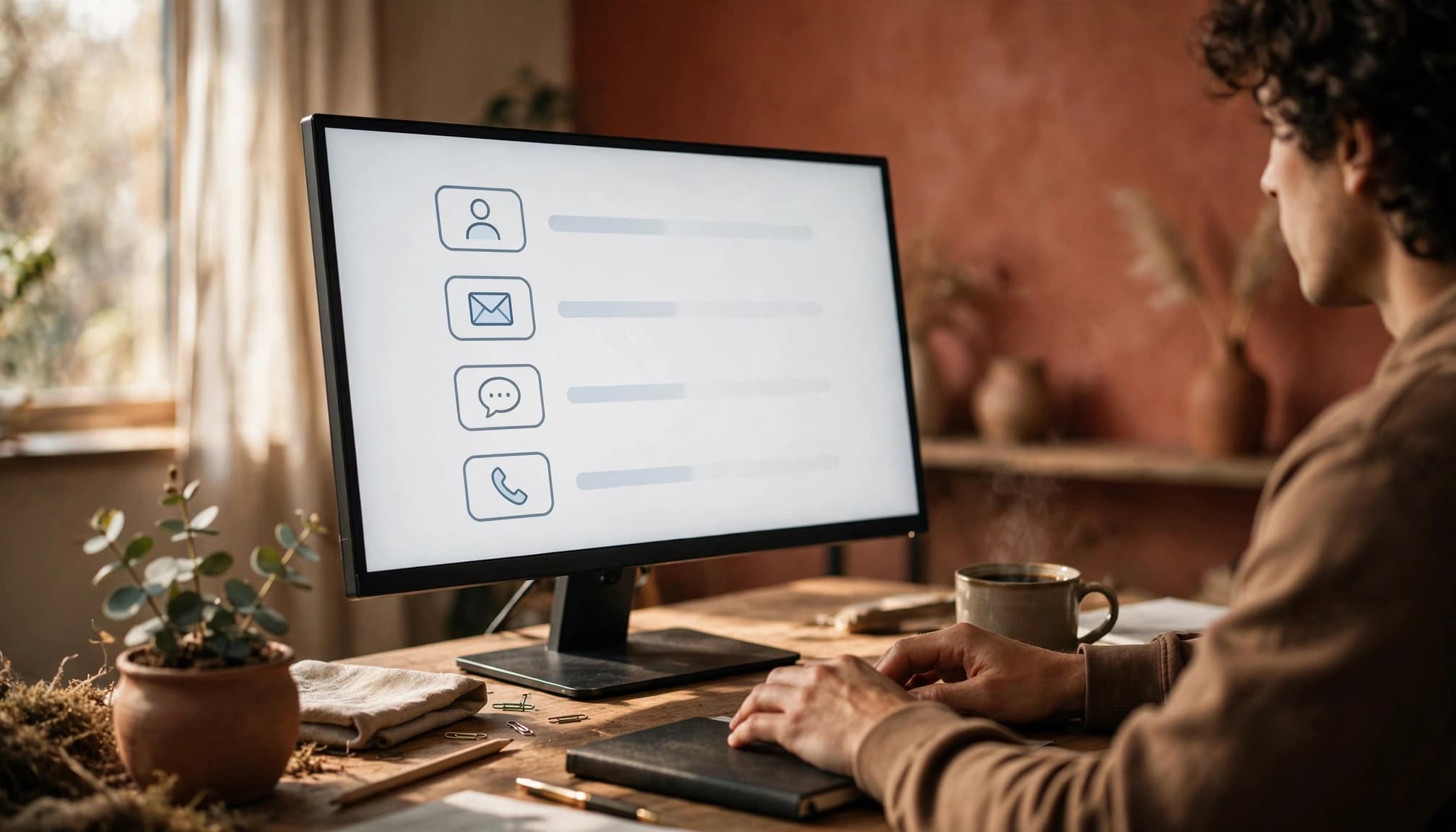 Una persona guarda un monitor che mostra icone di un modulo di contatto.