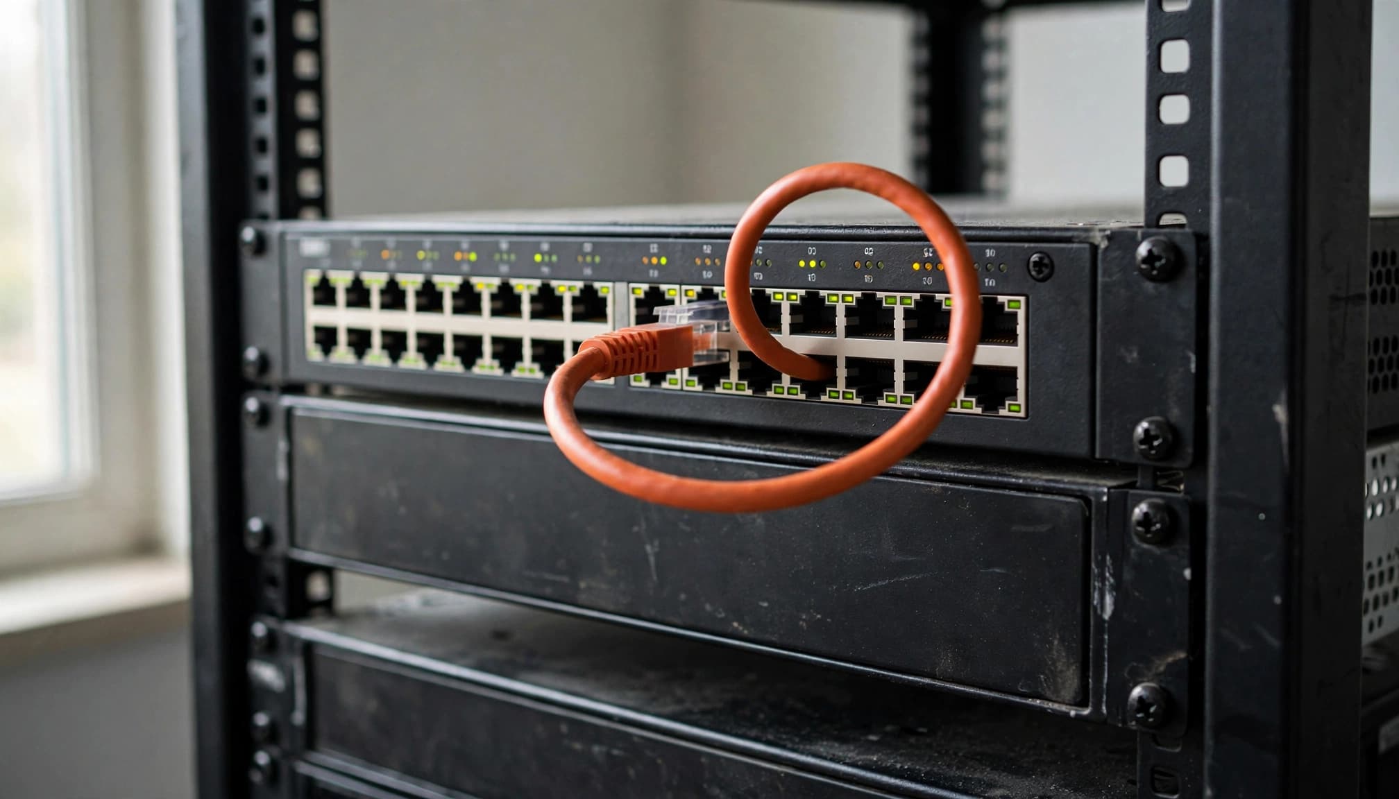 Primo piano di uno switch di rete in un rack con un cavo Ethernet arancione collegato in un loop.
