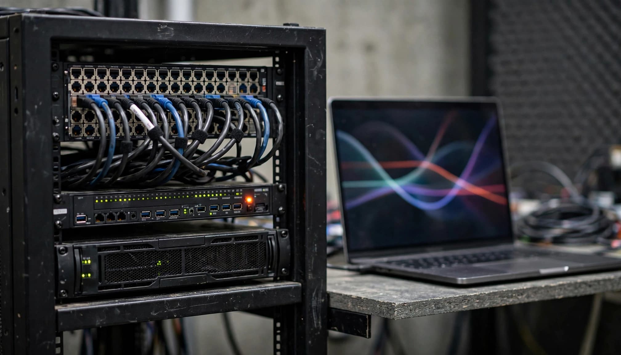 Rack di server con cavi collegati e un computer portatile acceso con schermo astratto.