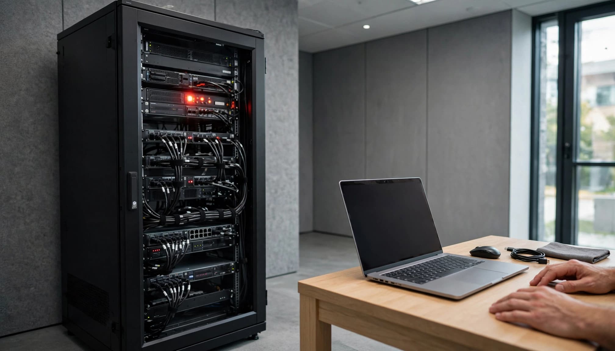 Un server rack e un computer portatile su una scrivania con mani poggiate accanto.