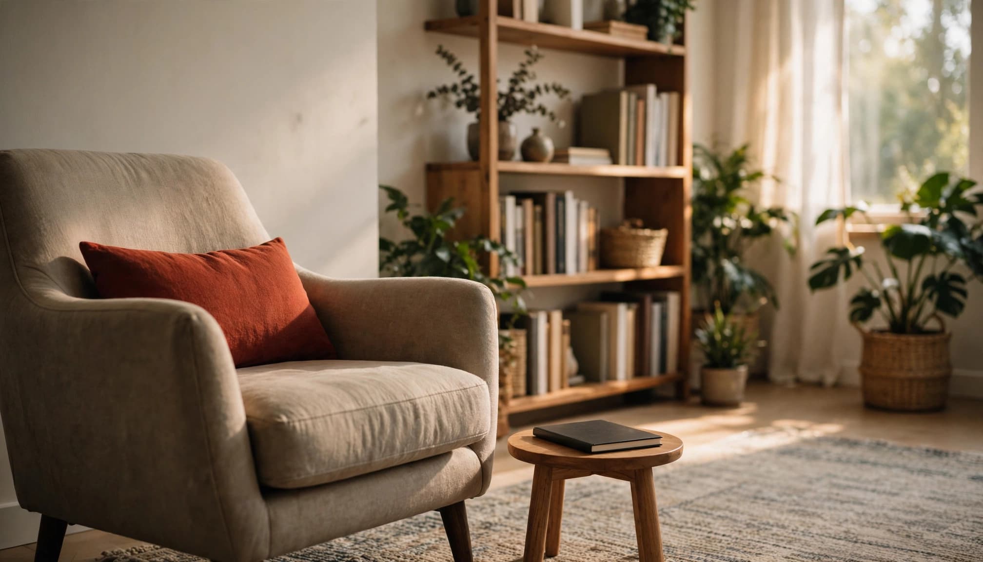 Studio di psicologia con una poltrona, un tavolino con un quaderno chiuso e una libreria sullo sfondo.