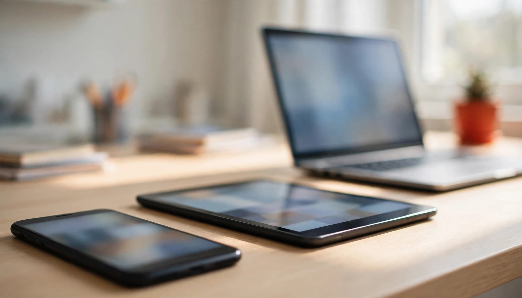 Smartphone, tablet e laptop su una scrivania in legno in un ufficio luminoso.